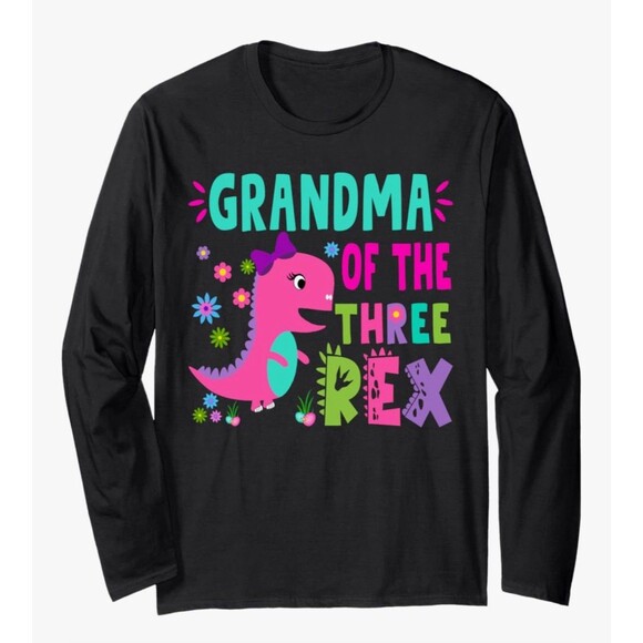 Grandma of the THREE rex T-Rex Dinosaur Birthday Family Long Sleeve T-Shirt L - Picture 1 of 10